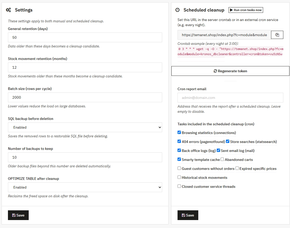 Kronos DB Cleaner settings and scheduled cleanup