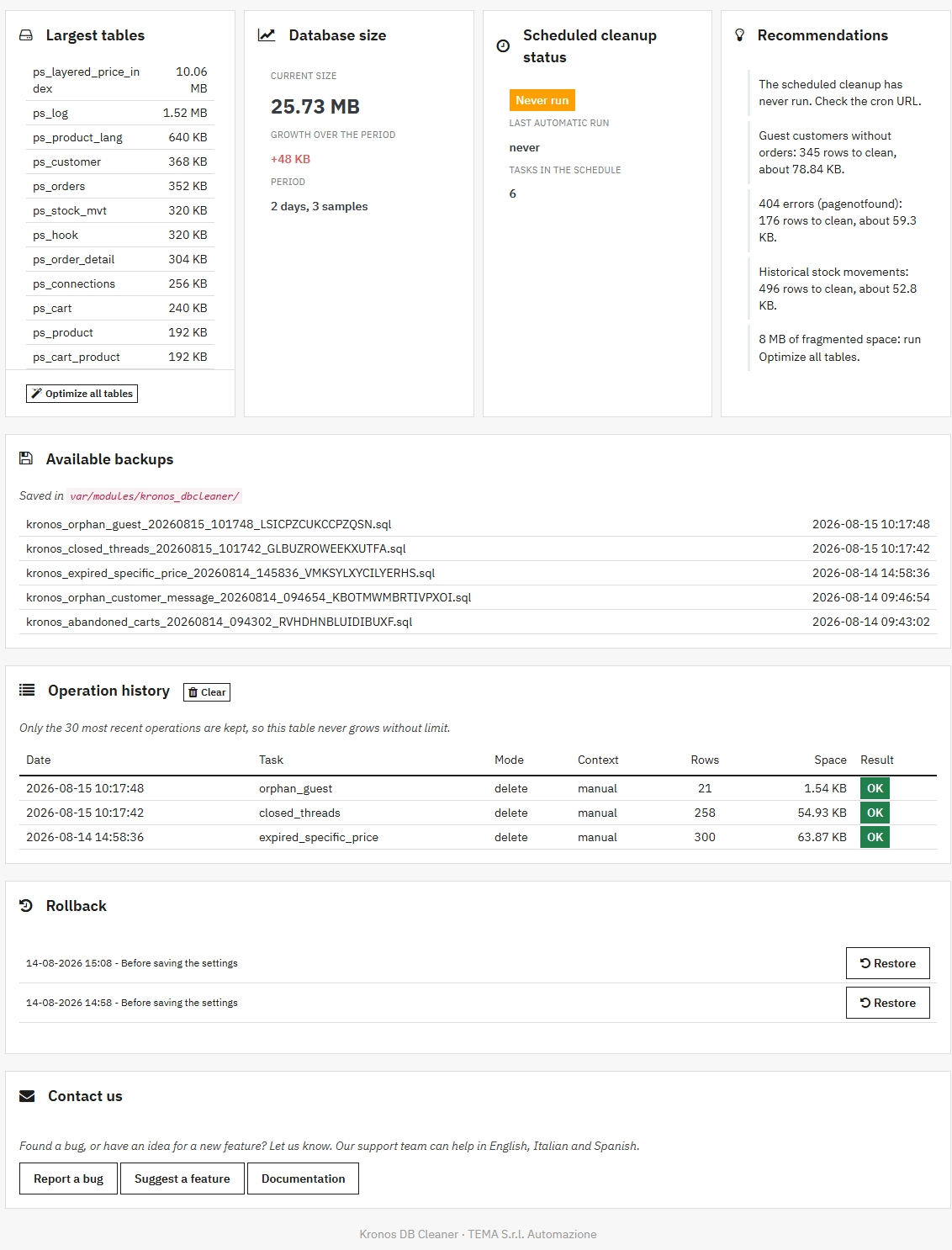 Kronos DB Cleaner panels, backups, history and rollback